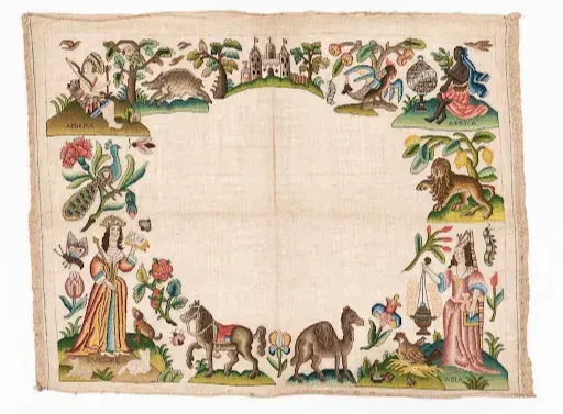 Unfinished Needlework Picture Depiction of the Four Continents. Image courtesy of Bonhams Skinner.