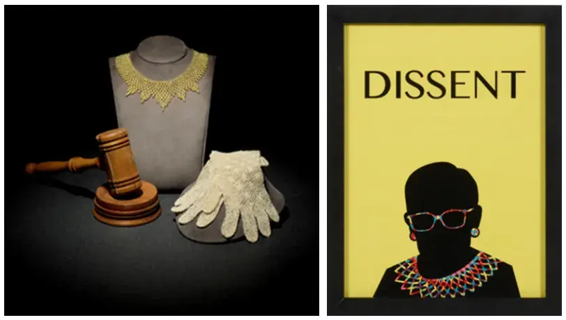 Ruth Bader Ginsburg’s beaded judicial collar, sold for $176,775, wooden judge’s gavel, sold for $20,400, pair of cream lace gloves, sold for $12,750, and a ‘Dissent’ poster, sold for $16,575. 