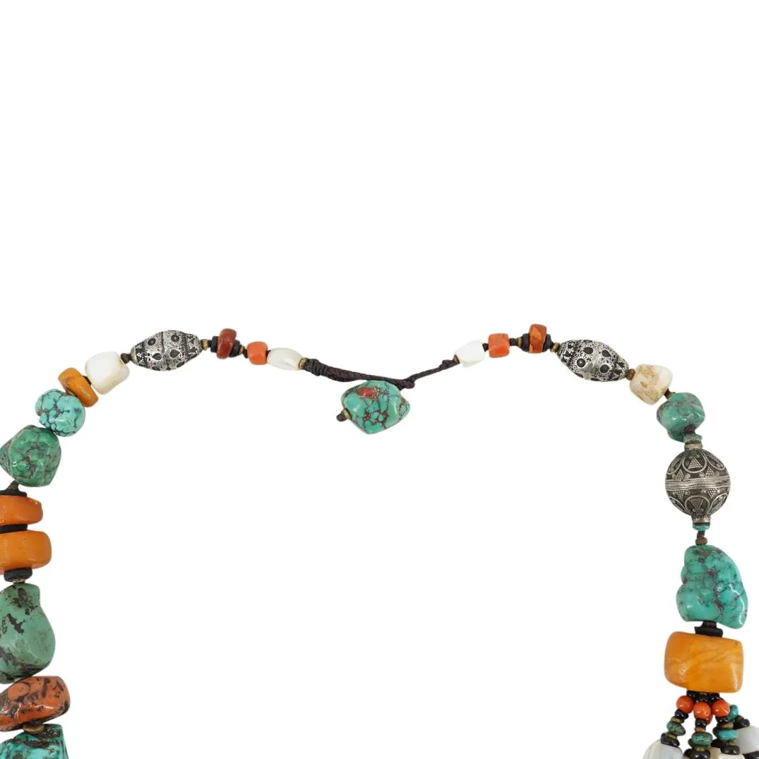 Antique Tibetan Coral Amber Turquoise & Silver Multi-Strand Necklace