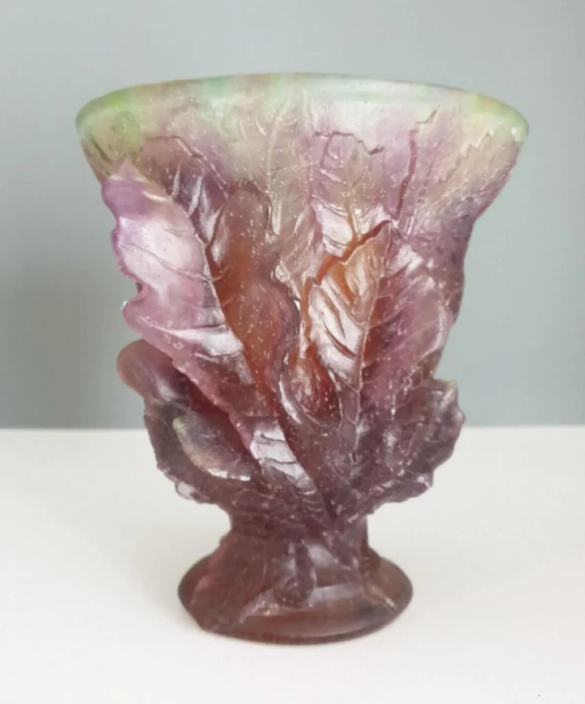 Daum France Pate De Verre Fig Leaves Lizard Art Glass Vase Signed Purple Green
