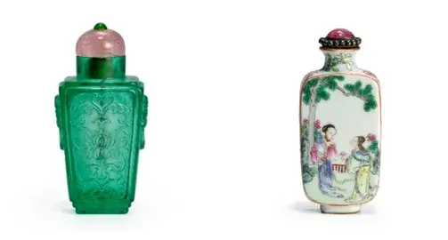 A superb carved emerald-green glass snuff bottle, sold for US$50,775, and a famille rose enameled porcelain snuff bottle, sold for US$35,655. [L-R]