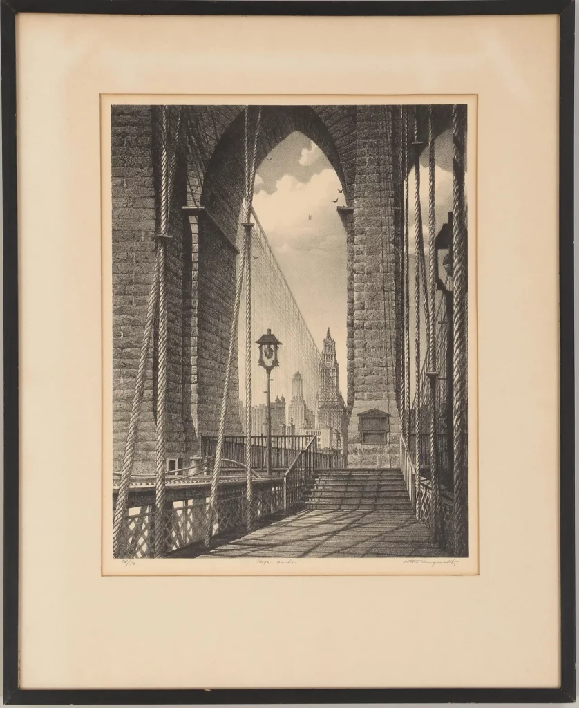 STOW WENGENROTH, "High Arches, Brooklyn Bridge", 1960, lithograph, 14-1/2" x 11-1/2"
