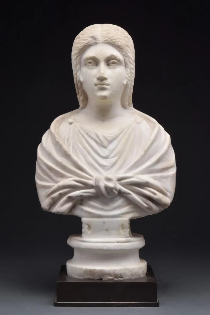 Roman Imperial marble bust likely depicting Empress Julia Domna, wife of Septimus Severus late 2nd century AD. Size: 320mm (12.6in) high; 2.45kg (5lbs. 6oz). Provenance: property of a London doctor; New York private collection; Gorny & Mocsch, Munich; an old Bavarian collection. Estimate: £15,000-£30,000 ($17,415-$34,830)