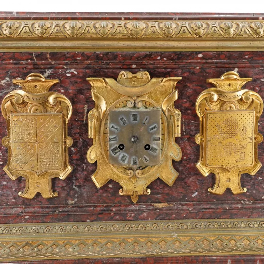 Antique French Empire Rouge Marble & Bronze Mantel Clock
