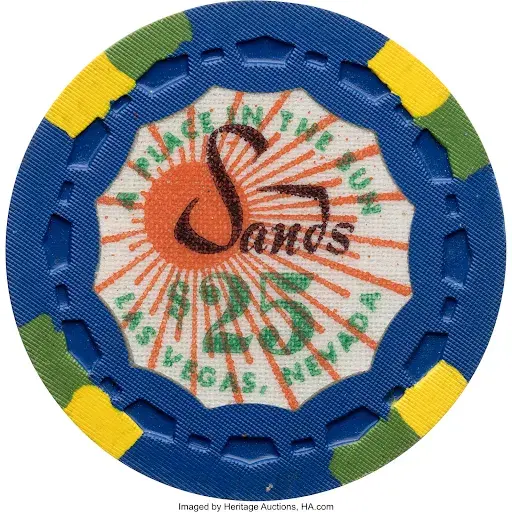 10th Issue, R-9, Sands-"A Place in the Sun" $25 Las Vegas Poker Chip. Image courtesy of Heritage Auctions. 