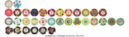 Assortment of Thirty-Four Poker Chips In Various Denominations. Image courtesy of Heritage Auctions.