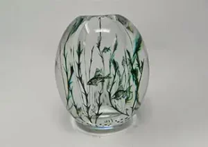 Signed Edward Hald Orrefors Fish Design Vase 5.5 Inch