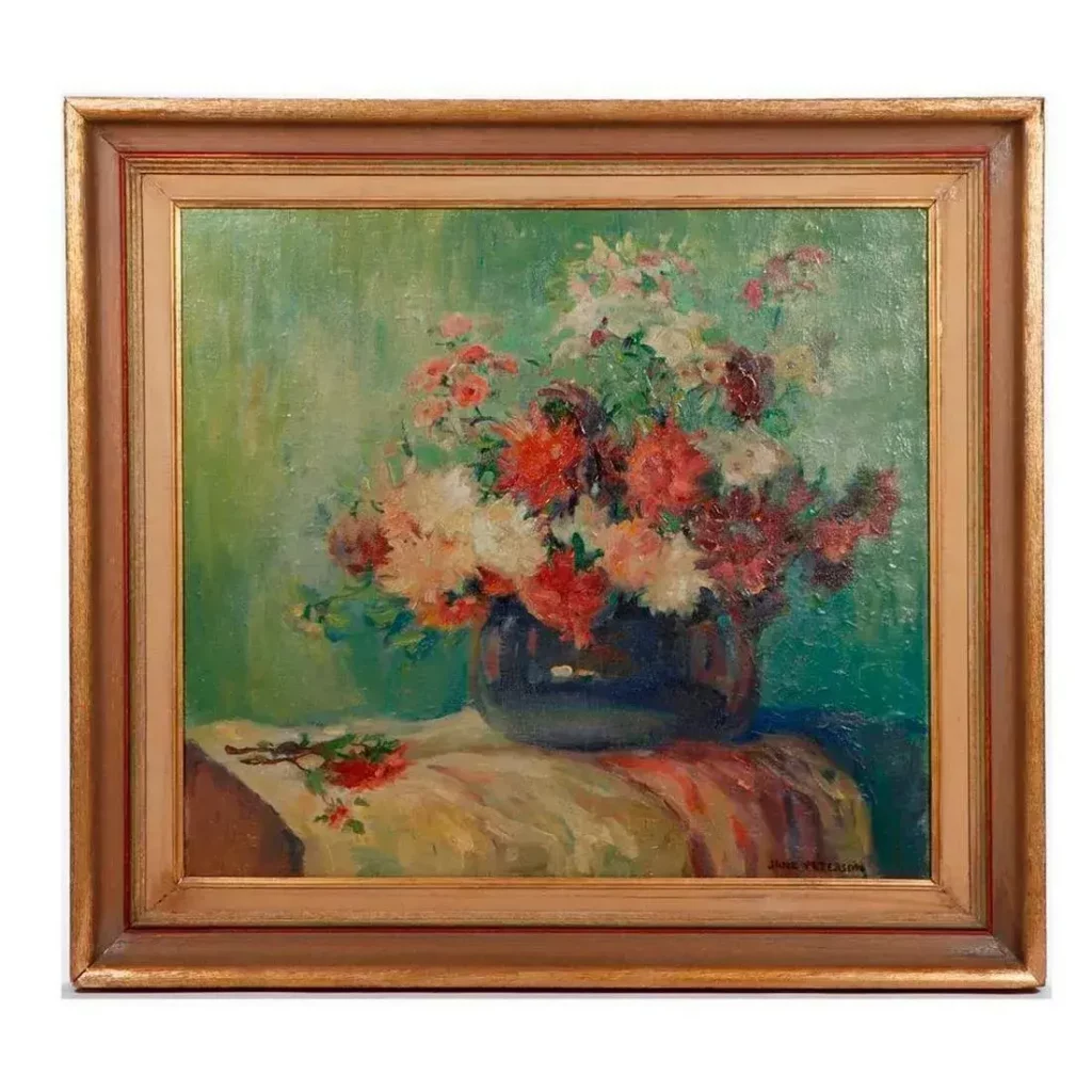 Title/Description: Floral Still Life. Signature: Signed lower right. Date Created: c. Early/Mid-20th Century. Size: 20in x 22in; 25 1/2in x28in (frame). Material/Ground: Oil on canvas. Condition: There is an area of paint loss/chipping and slight surface cracking at the left side of the bouquet. Estimate $4,000-$6,000. 
