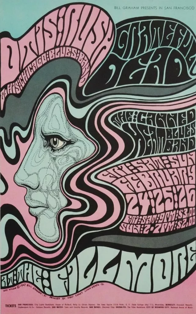 Bill Graham Presents Grateful Dead, Otis Rush and His Chicago Blues Band, and Canned Heat Blues Band concert poster for appearances February 24-26, 1967 at Fillmore Auditorium (San Francisco). Original first printing. Artist: Wes Wilson. Estimate $1,000-$1,500