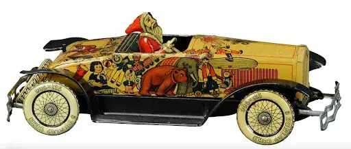 Tippco lithographed tin Santa car, 12in long. Ex Curtis and Linda Smith collection. Sold to a US buyer for a record-setting $60,000 against an estimate of $12,000-$18,000