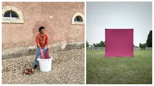 Left: Work View_ Color_Wine #1, Chateau Laroque, 2018. Right: Color_Wine #1, Chateau Laroque, 2018.
Artist and finished product collaborating with Chateau Laroque Winery in France in 2018. Image ⓒ Lee Myoung-Ho.
