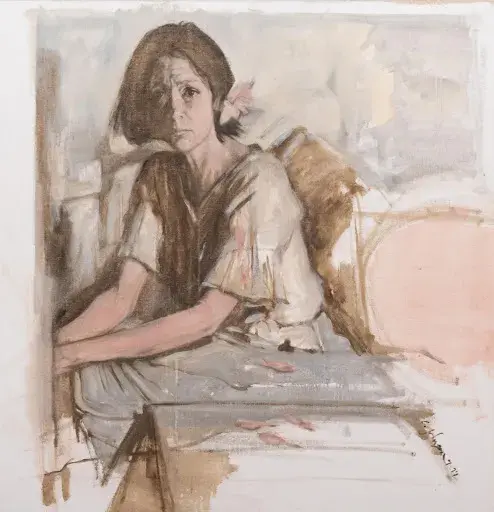 Lot #4, Leslie Johnson's (1944 - 2002) Portrait of Joan Didion. Image courtesy of Stair. 