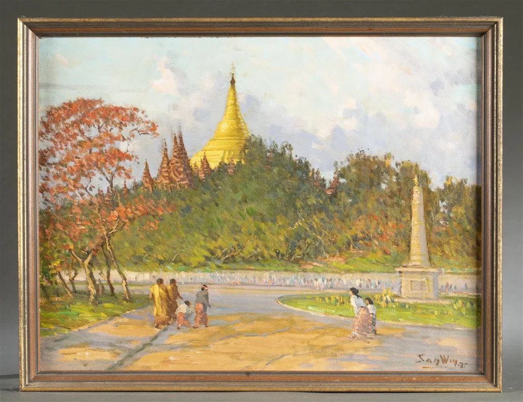 Oil-on-canvas painting by U San Win (Burmese, 1905-1981), titled ‘View of Shwedagon Pagoda,’ 1975, signed and dated, 15½in x 20½in. Estimate: $7,000-$9,000