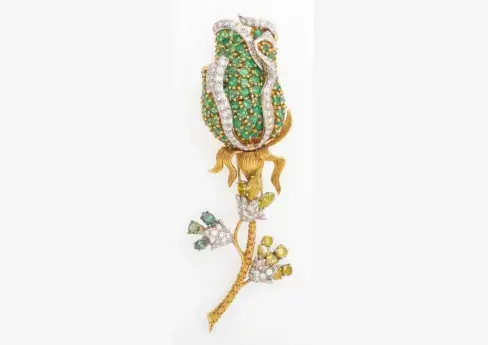 Handcrafted 18K Emerald Diamond Floral Brooch