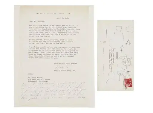 Lot #588, a typed, signed letter by Martin Luther King Jr. to Bennett discussing the Selma to Montgomery march, was estimated at $20,000 to $30,000 and sold for $78,000. Image courtesy of Julien’s.