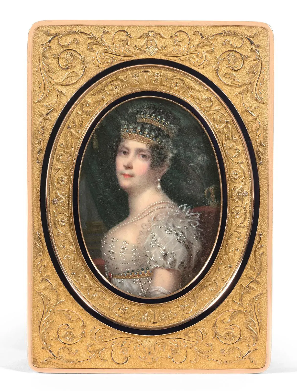 Gold and blue enamel snuffbox with the hallmark of Gabriel-Raoul Morel (1764-1832), decorated with a miniature of Empress Josephine by Paul Louis Quaglia (1780-1853), 8.5 x 6 cm/3.1 x 2.4 in. Hôtel Drouot, March 5, 2020. Fraysse & Associés Auction House.
Sold for €120,274