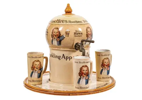 Incredible and early Hires Root Beer set consisting of ceramic dispenser, platter and three mugs, all with imagery of ‘Ugly Kid’ brand mascot. Made by Villeroy & Boch (Germany). Possibly the only set of its type in existence and arguably the ultimate root beer collectible. Estimate: $40,000-$80,000