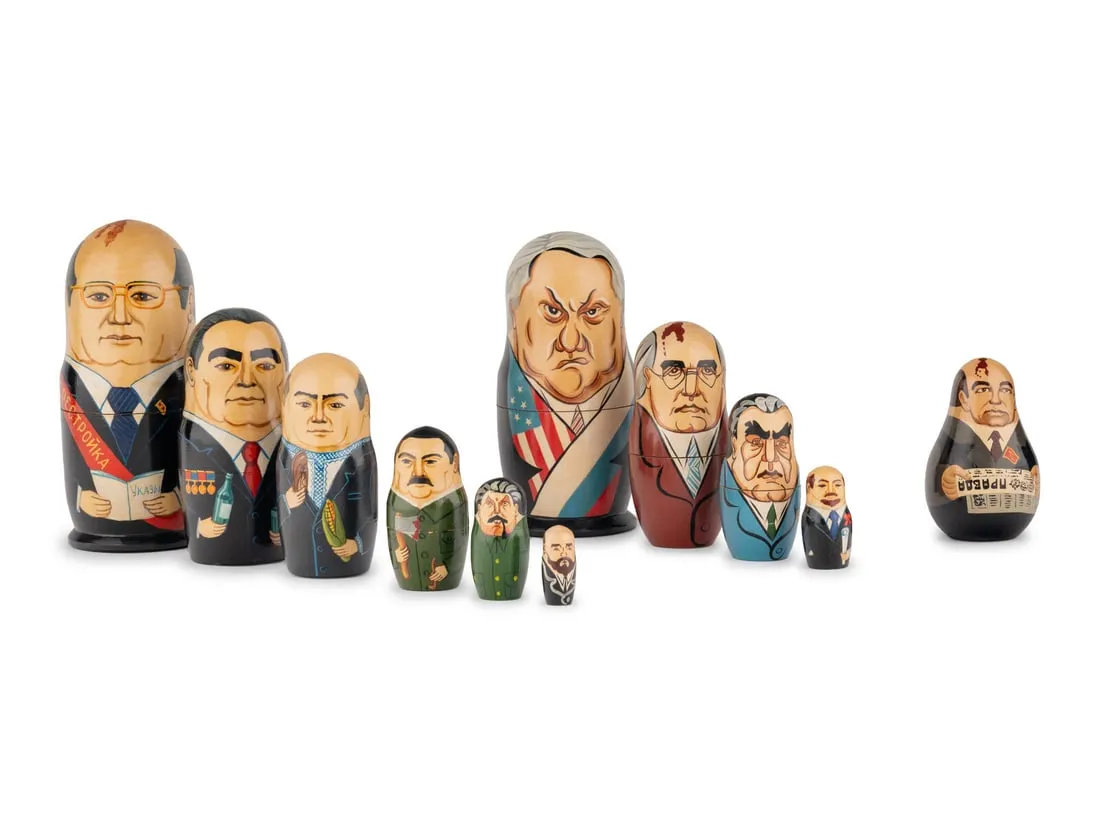 Lot #55, a set of nesting dolls of Soviet leaders, was estimated at $100 to $200 and sold for $5,568. Image courtesy of Freeman’s | Hindman. 
