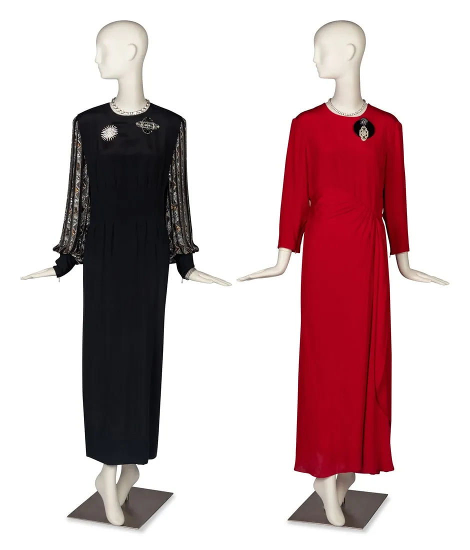 Lot #91, two dresses sold with three pieces of costume jewelry, was estimated at $300 to $500 and sold for $4,258. Image courtesy of Freeman’s | Hindman.
