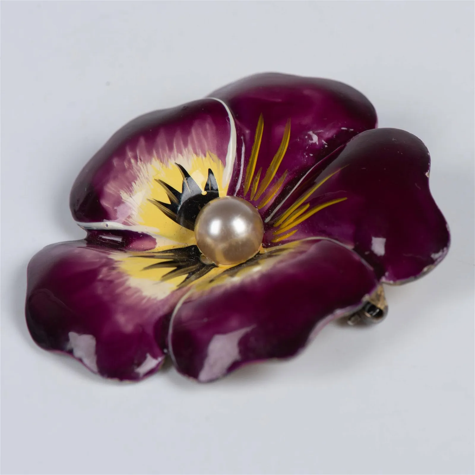 Lampl Pansy Enamel and Sterling Silver Brooch Pearl Center