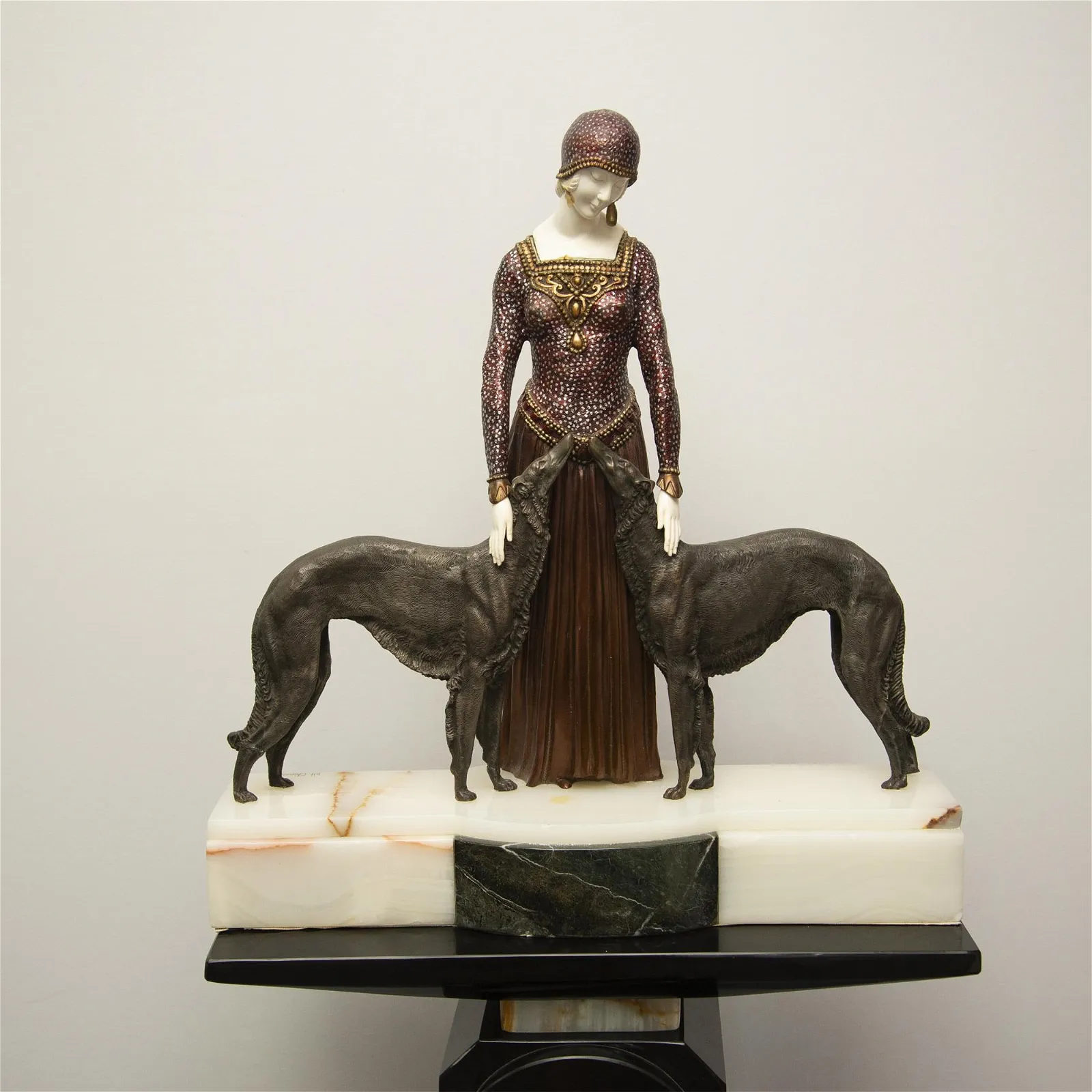 Chiparus Art Deco Bronze Woman Borzoi Dogs Sculpture