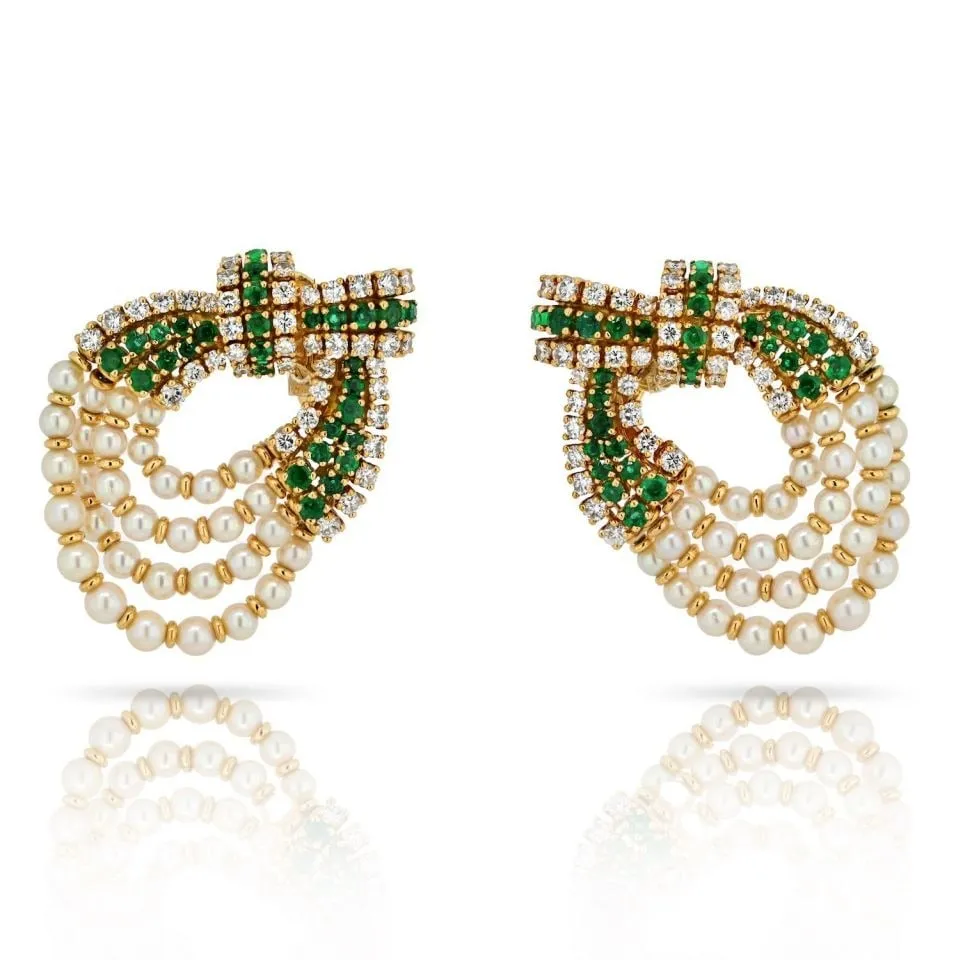 Chaumet Platinum & 18K Yellow Gold Diamond, Pearl And Green Emerald Clip Earrings