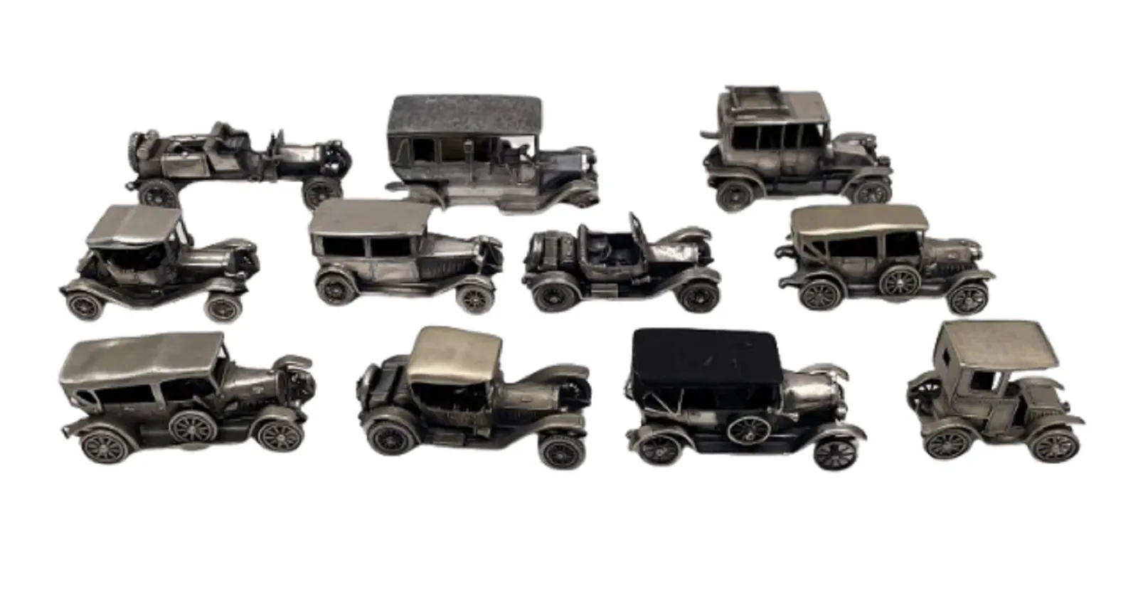 Italian Sterling Silver Set of Rare and High Quality 11 Miniature Car Vehicle Automobiles Figurines