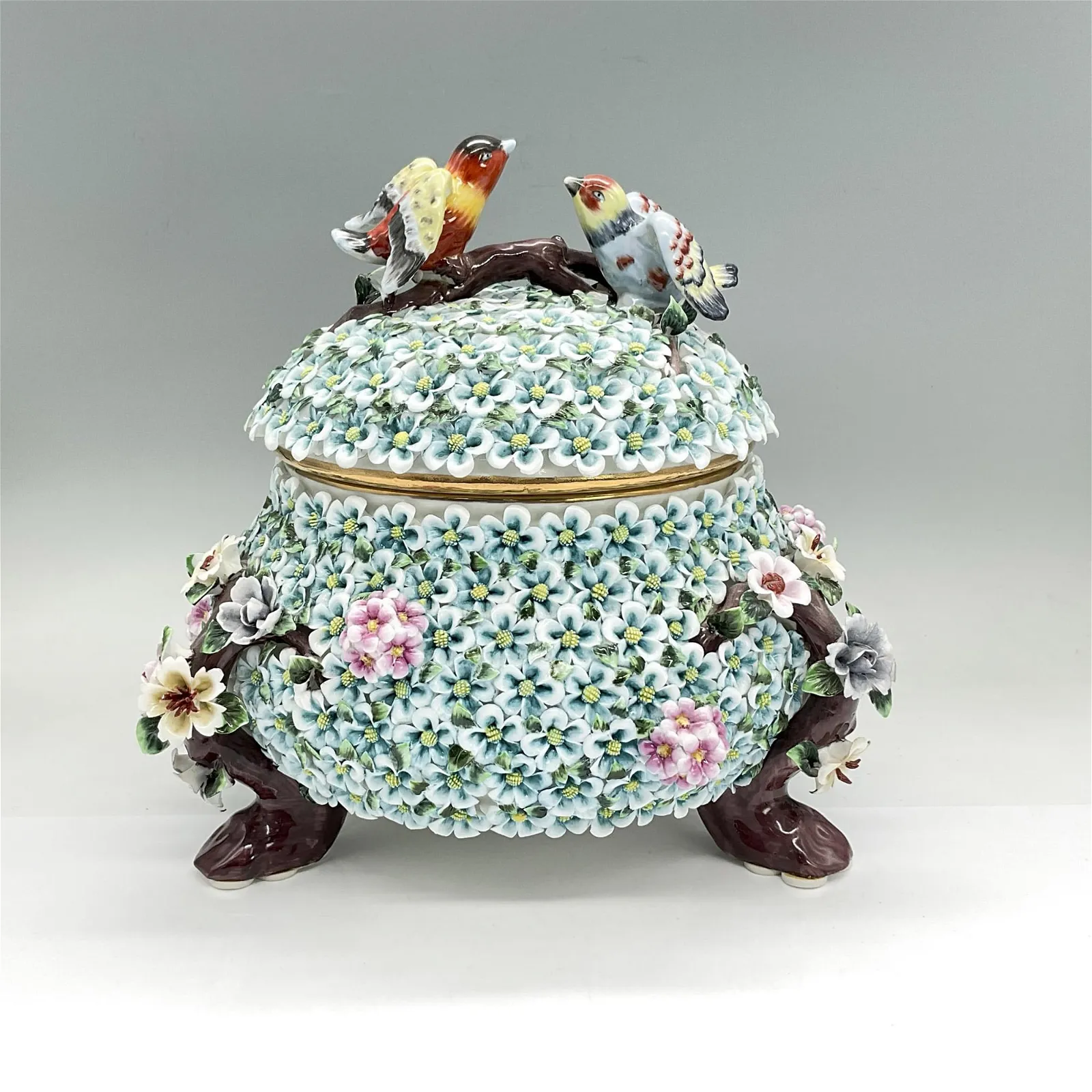 RK Dresden Porcelain Lidded Jar, Birds and Flowers