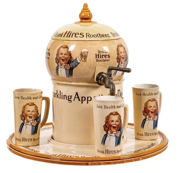 Incredible and early Hires Root Beer set consisting of ceramic dispenser, platter and three mugs, all with imagery of ‘Ugly Kid’ brand mascot. Made by Villeroy & Boch (Germany). Possibly the only set of its type in existence and arguably the ultimate root beer collectible. Estimate: $40,000-$80,000

