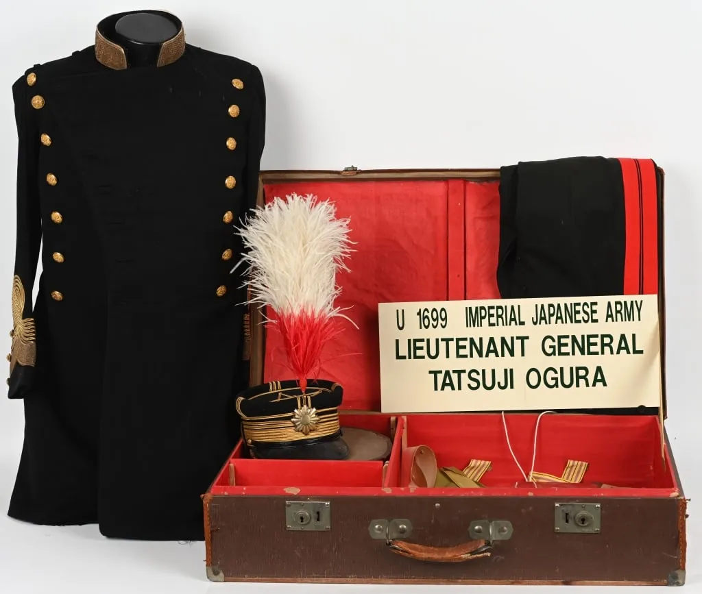 Complete named grouping of Imperial Japanese Army Lt. General Tatsuji Ogura, who commanded 127 Division in Manchuria in the final desperate months of World War II. Archive includes complete dress uniform with frock coat with cased shoulder boards, aguillette and cased officer’s sash; trousers and a visor hat with plume. Housed in period Japanese-made lidded suitcase. Provenance: American Armored Foundation Inc Tank and Ordnance Memorial Museum; private collection of William Gasser. Estimate: $8,000-$10,000