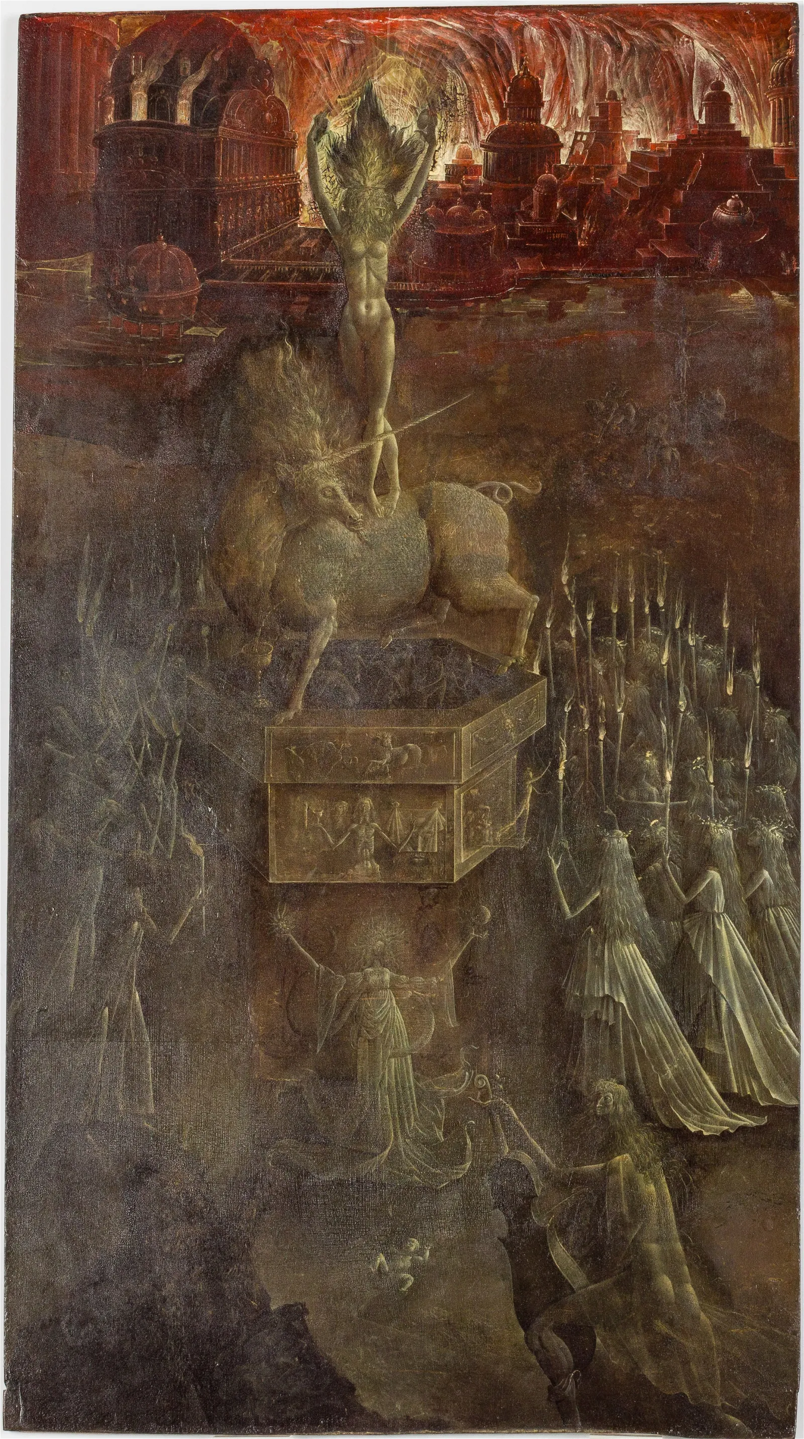 Ernst Fuchs (Austria, 1930-2015), ‘The Fall of Sodom and Gomorrah,’ oil-on-panel, 24½in x 13½in (sight). Book example illustrated in (translated) ‘Ernst Fuchs: Drawings & Graphics from the Early Creative Period’ by Friedrich Haider. Provenance: Property of Jane Tucker-Radley. Estimate: $40,000-$60,000
