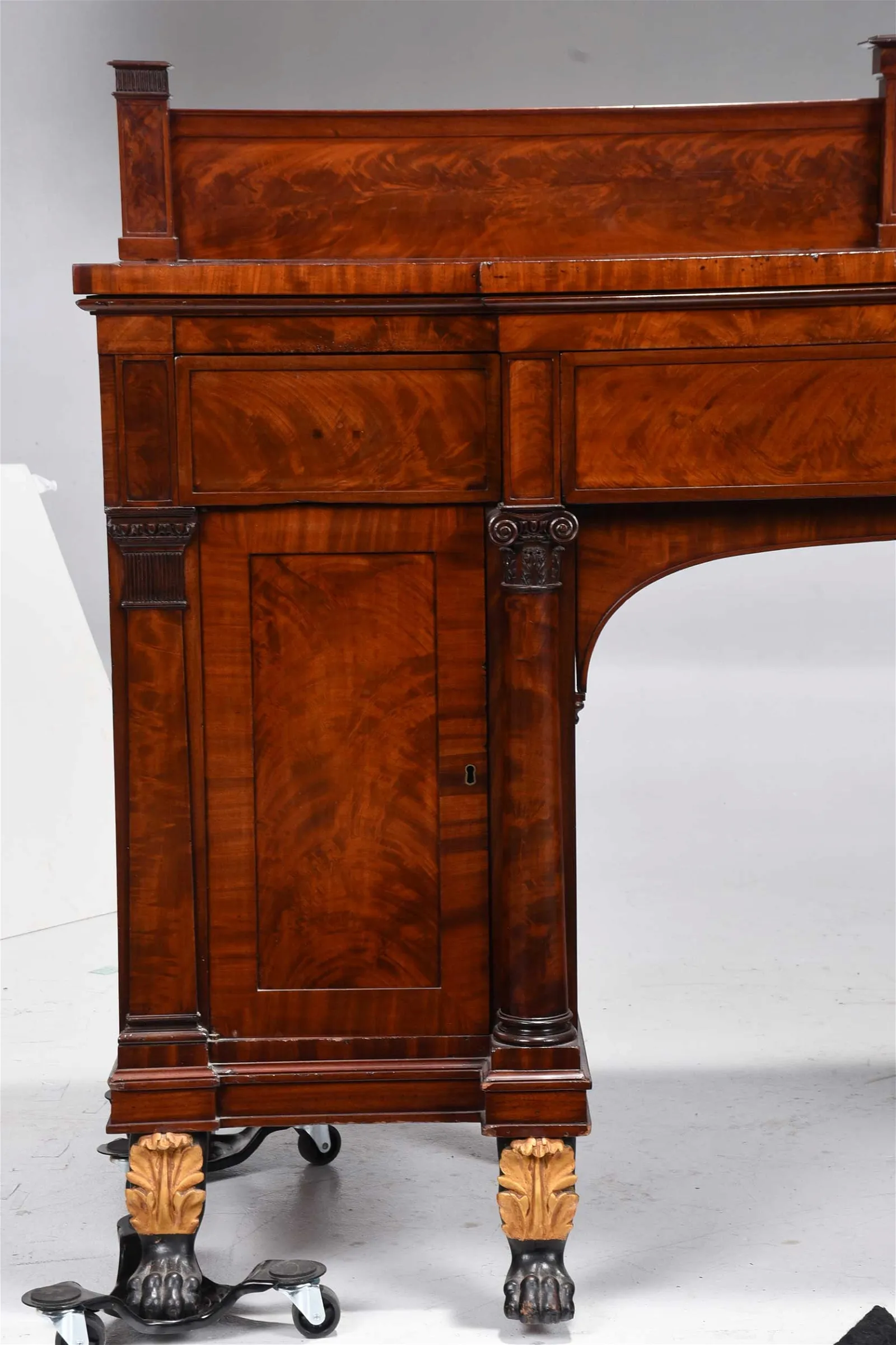 New York Classical Parcel Gilt and Paint Decorated Mahogany Sideboard and Cellarette
