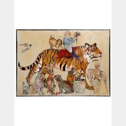 Artist: Ira Yeager (1938-2022). Title/Description: Tiger with Boy and Animal Friends. Signature: Signed lower right. Medium: Oil on canvas. Size: Five panels 72" x 20" (together in frame); total size 72" x 110 7/8". Condition good. Estimate $15,000-$20,000.