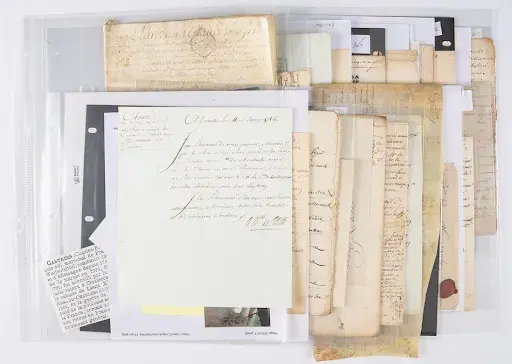 Group of miscellaneous correspondences and articles from 18th-century France. Image courtesy of Everard Auctions and Appraisals.