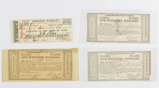 Three Consolidated Fund of Texas & Texas Treasury warrants. Image courtesy of Everard Auctions and Appraisals. 
