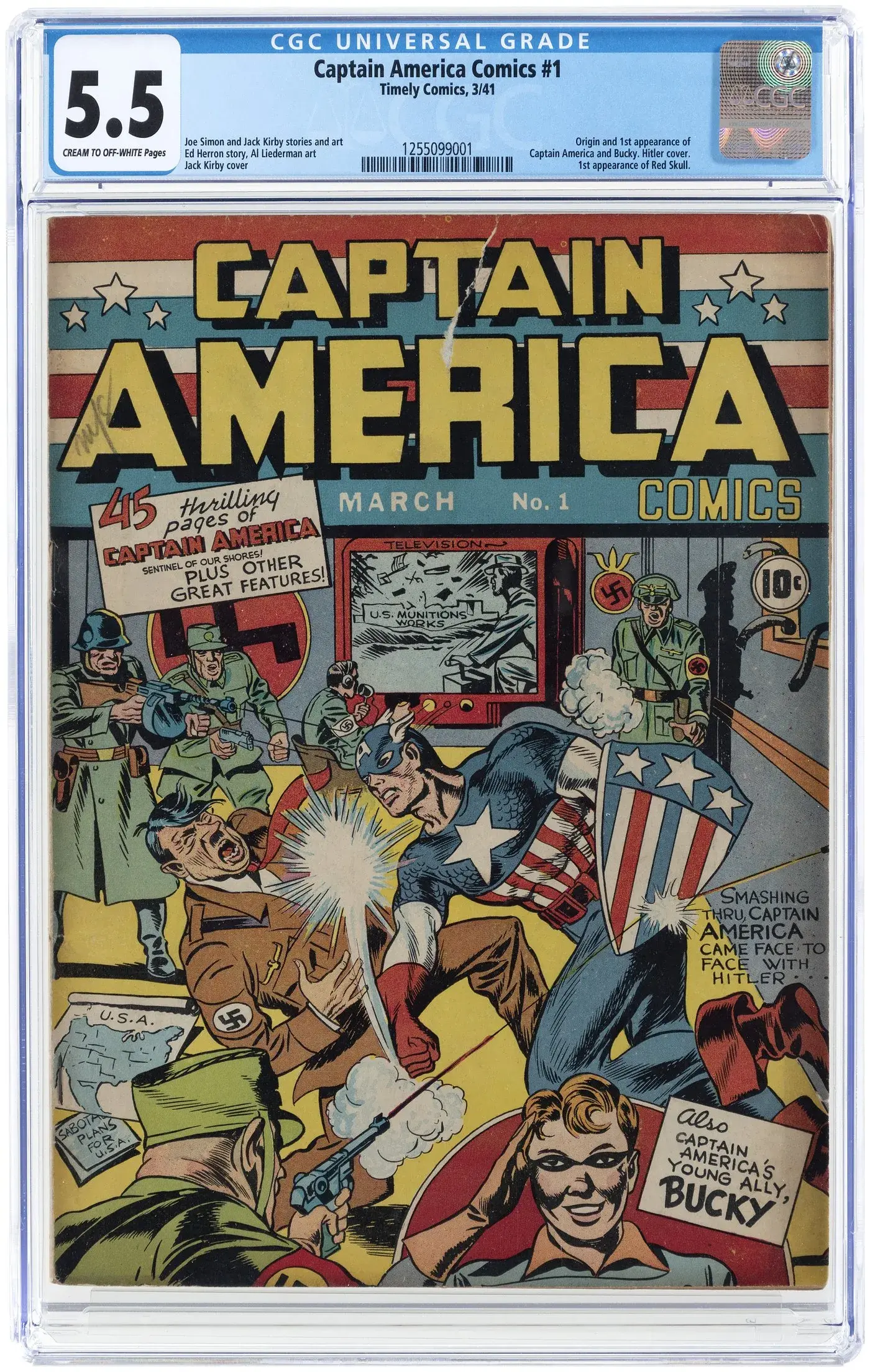 ‘Captain America Comics’ #1, March 1941, CGC 5.5 Fine-, with origin and first appearance of Captain America, Bucky Barnes, and their nemesis The Red Skull. Action-packed World War II cover shows the Captain punching Hitler. Stories by Joe Simon and Jack Kirby. Cover art by Kirby; interior art by Simon, Kirby and Al Liederman. Key Golden Age comic book with historical significance. Estimate: $200,000+