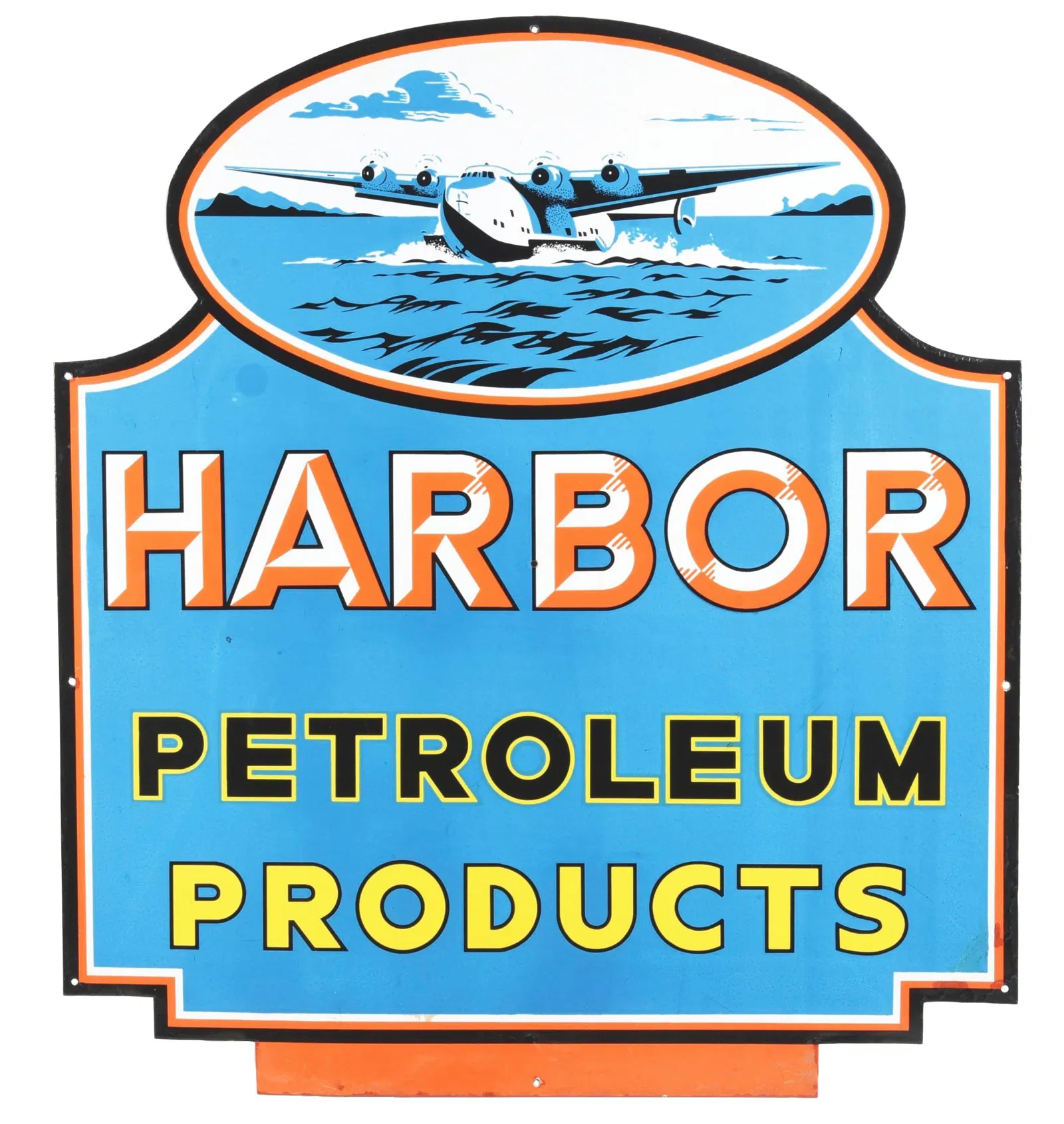 The sale’s top lot was a rare and exceptional circa-1940s Harbor Petroleum Products single-sided porcelain advertising sign with an exciting seaplane graphic. Outstanding color and gloss. Size: 39in x 35in. Condition: 8.75. Sold with estimate range for $46,740