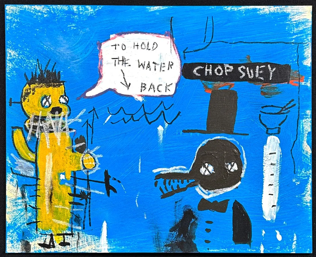 Jean-Michel Basquiat (American, 1960-1988), ‘Chop Suey,’ painting on illustration board. Artist-signed on verso. Size” 9¾in x 12in, in an 18 3/8in x 20¼in frame. Framed for gallery exhibition by Castelli Custom Picture Framing of Culver City, California. Provenance: Exhibited at Santa Monica, California gallery IKON Ltd., in 2002. Opening bid: $50,000
