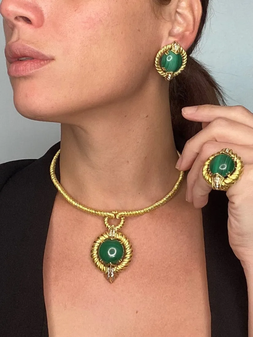 Chaumet 1960 Paris Complete Boxed Suite In 18Kt With 62.56 Cts In Diamonds And Malachite