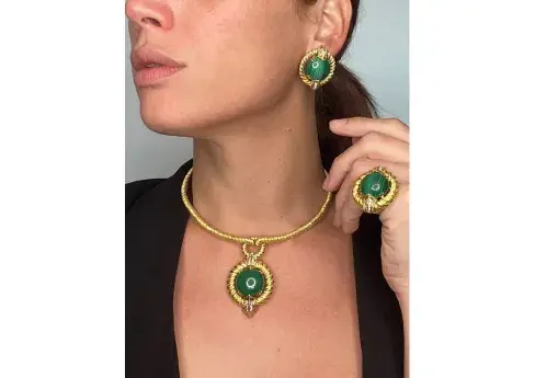 Chaumet 1960 Paris Complete Boxed Suite In 18Kt With 62.56 Cts In Diamonds And Malachite