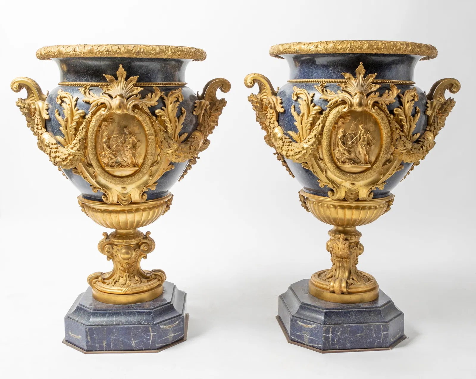 Pair of Large Lapis and Gilt Bronze Urns