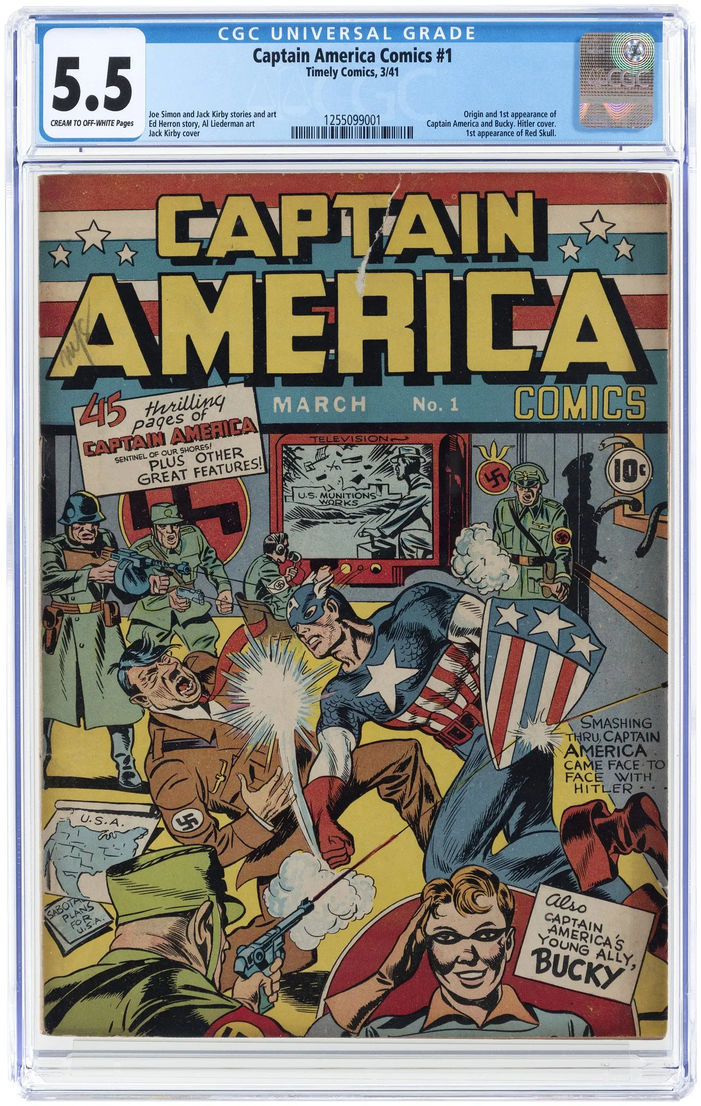 Captain America Comics’ #1, March 1941, CGC 5.5 Fine-, with origin and first appearance of Captain America, Bucky Barnes, and their nemesis The Red Skull. Action-packed World War II cover shows the Captain punching Hitler. Stories by Joe Simon and Jack Kirby. Cover art by Kirby; interior art by Simon, Kirby and Al Liederman. Key Golden Age comic book with historical significance. Entered with an open estimate, it sold for $172,221. 
