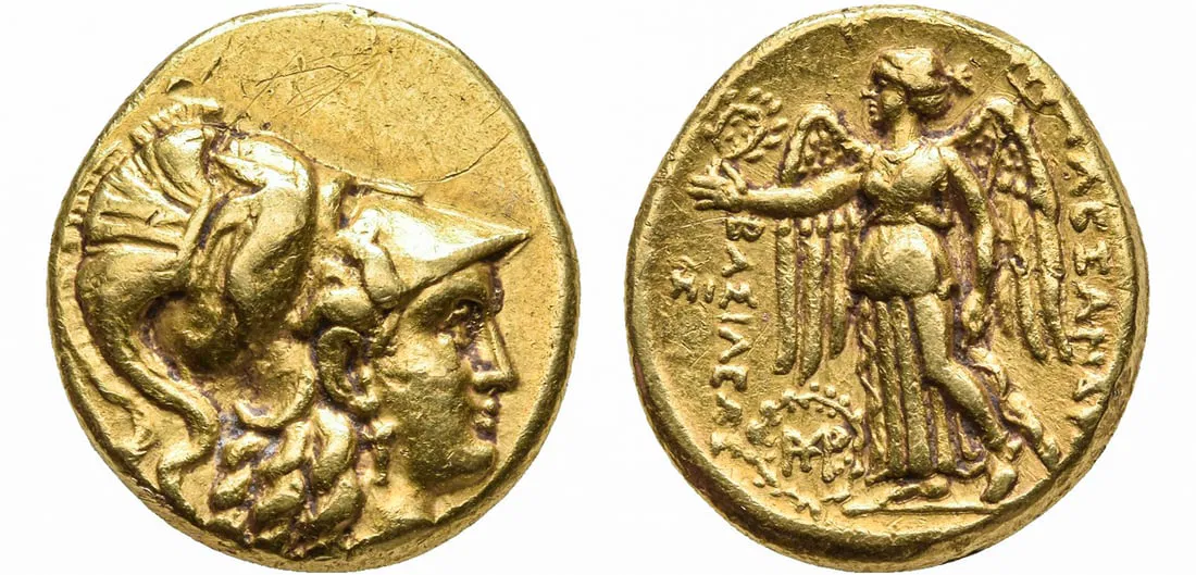 Circa 311-300 BC Kings of Macedon gold coin, Alexander III ‘The Great’ (336-323 BC), struck under Seleukos I Nikator, Babylon. Obverse: head of Athena facing right and wearing Corinthian helmet and jewelry. Reverse: Nike standing left with wings spread, holding laurel wreath and stylus. Weight: 8.54g. Opening bid: £1,000 ($1,276)
