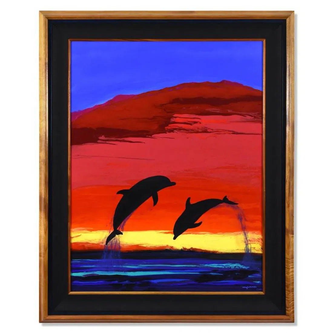 Wyland, Sunset Dolphins Framed Original Oil Painting on Canvas, Hand Signed with Letter of Authenticity.