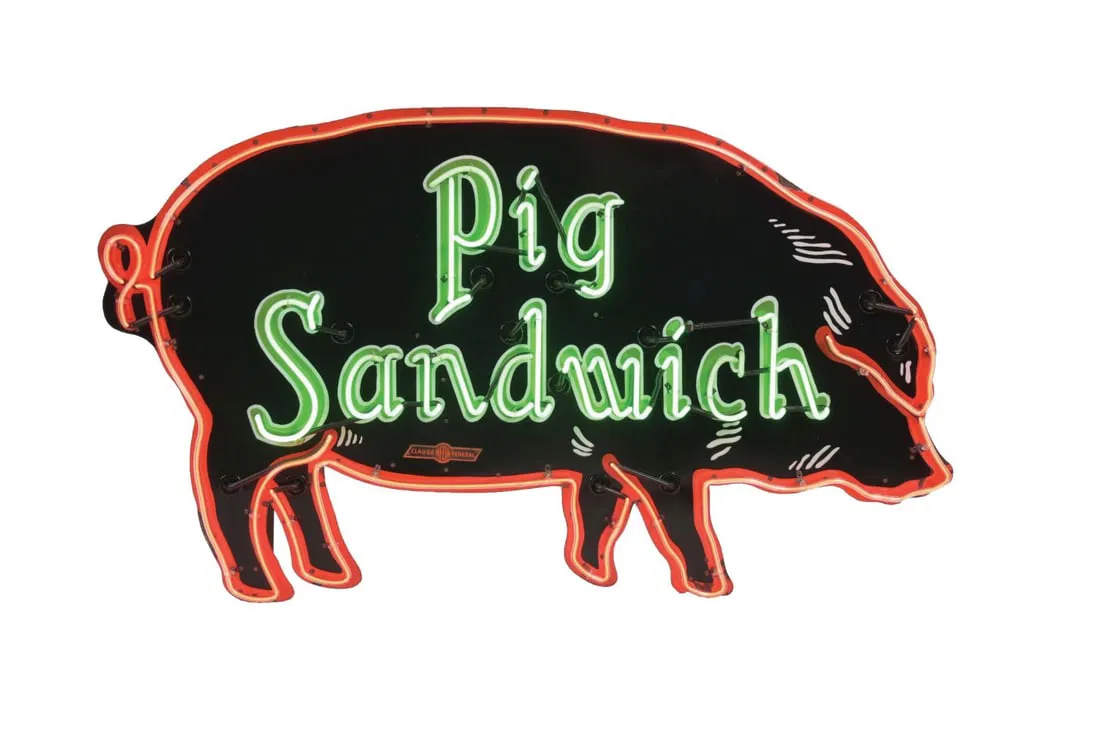 1920s die-cut porcelain neon sign from Pig Stand drive-in restaurant (Dallas, Texas) advertising ‘Pig Sandwich.’ Size: 73in x 41in x 8.5in. Phenomenal color and gloss throughout. Sign illuminates through the lettering in green, as well as in red along the outer border. Well-made metal can with new electricals throughout. Tabs on top side for easy hanging. AGS certified, graded 91. Estimate: $35,000-$75,000