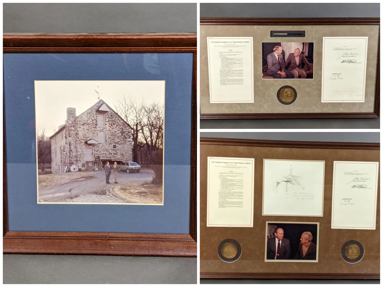 Grouping of two framed facsimiles of Act H.R. 593 authorizing issuance of Congressional Gold Medal in 1989 to artist Andrew Wyeth (American, 1917-2009). Original Act was signed and enacted by President Ronald Reagan on Nov. 9, 1988. Grouping includes three US Mint bronze replica medals, Parker pen used by Reagan when he signed the Act, and an original Wyeth pencil drawing titled ‘Top of Brinton’s Mill,’ which the artist inscribed and signed to Richard Schulze, former Representative for Pennsylvania’s 5th Congressional District. Measurements of Reagan-held pen and signed Wyeth note: 37in x 20in. Wyeth signed drawing: 37¾ in x 26½in. Accompanied by framed photo of Wyeth and Schulze outside Brinton's Mill, the artist’s home and studio in Chadds Ford Township, Pa. Estimate: $15,000-$20,000
