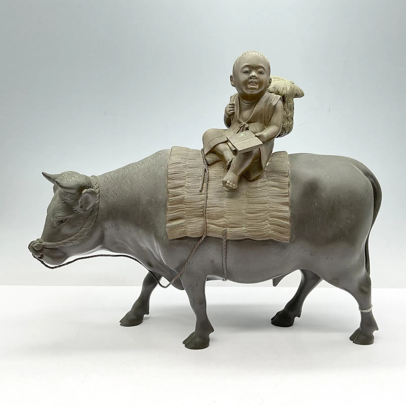 Vintage Japanese Bronze Sculpture, Shepherd Boy on Cow