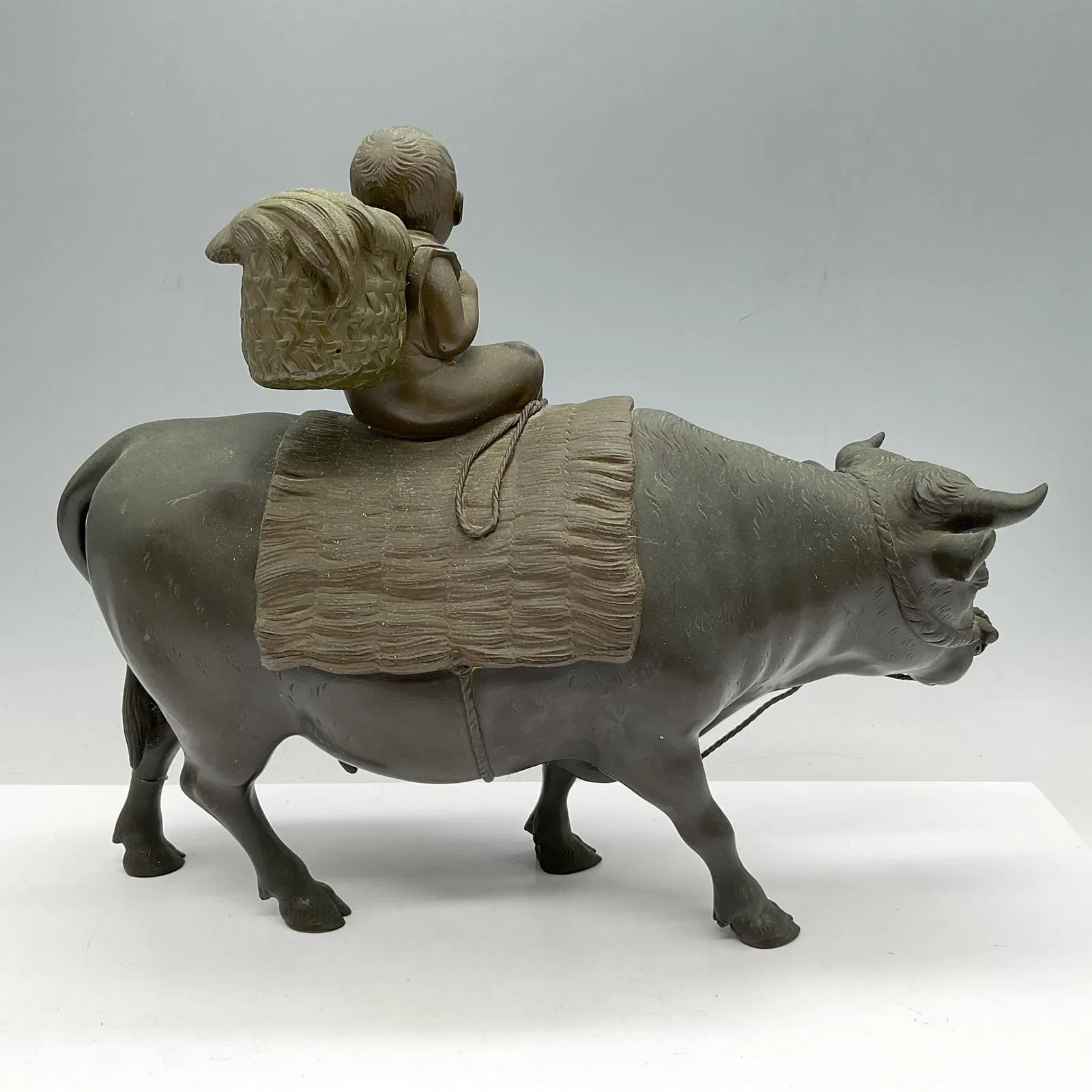 Vintage Japanese Bronze Sculpture, Shepherd Boy on Cow