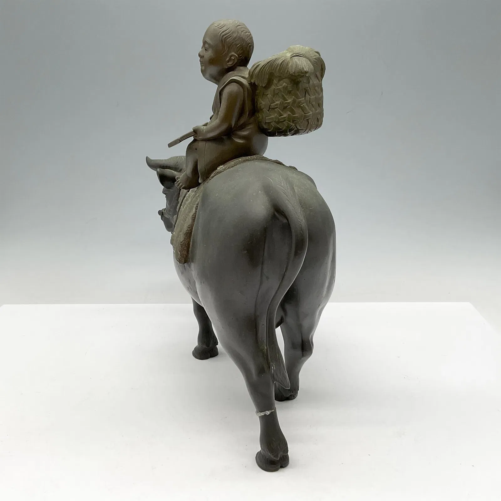 Vintage Japanese Bronze Sculpture, Shepherd Boy on Cow