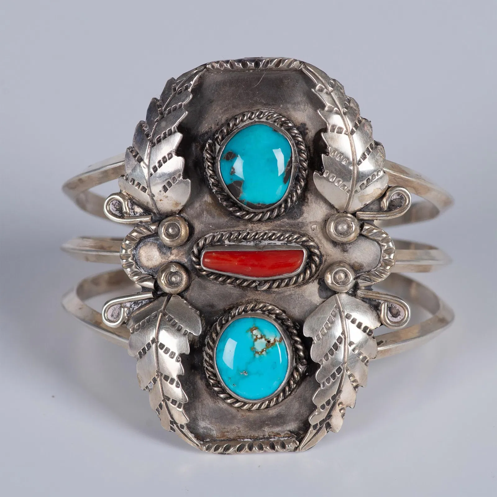 Navajo Chunky Sterling, Coral, and Turquoise Cuff Bracelet